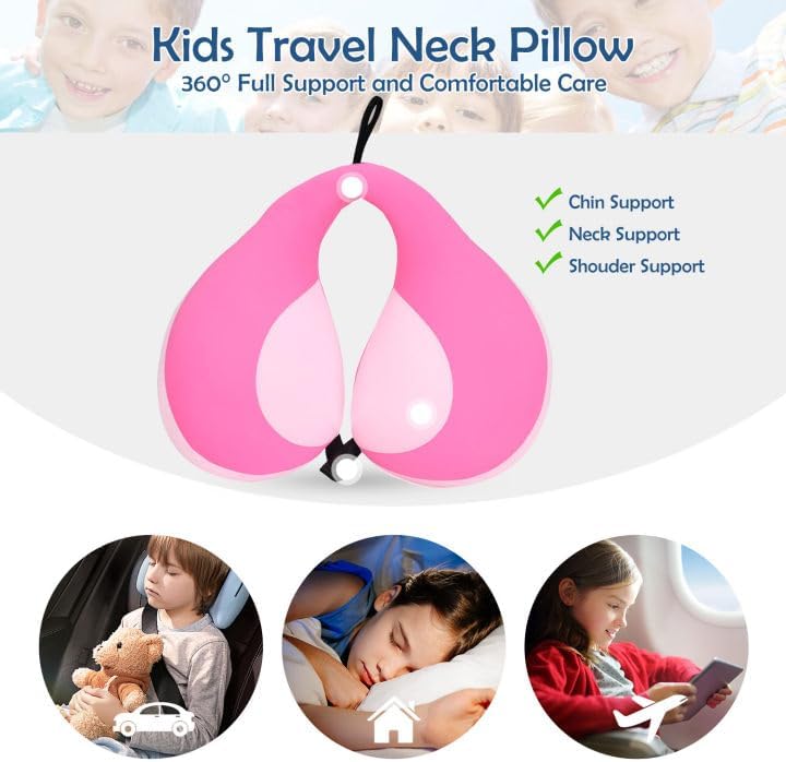 MOOB Kids Travel Pillow for Car Seat Kids Travel Neck Pillow U-Shape Car Seat Head Support Children Stroller Pillow Toddler Neck Pillow for Carseat Pink 3-12 Y/O