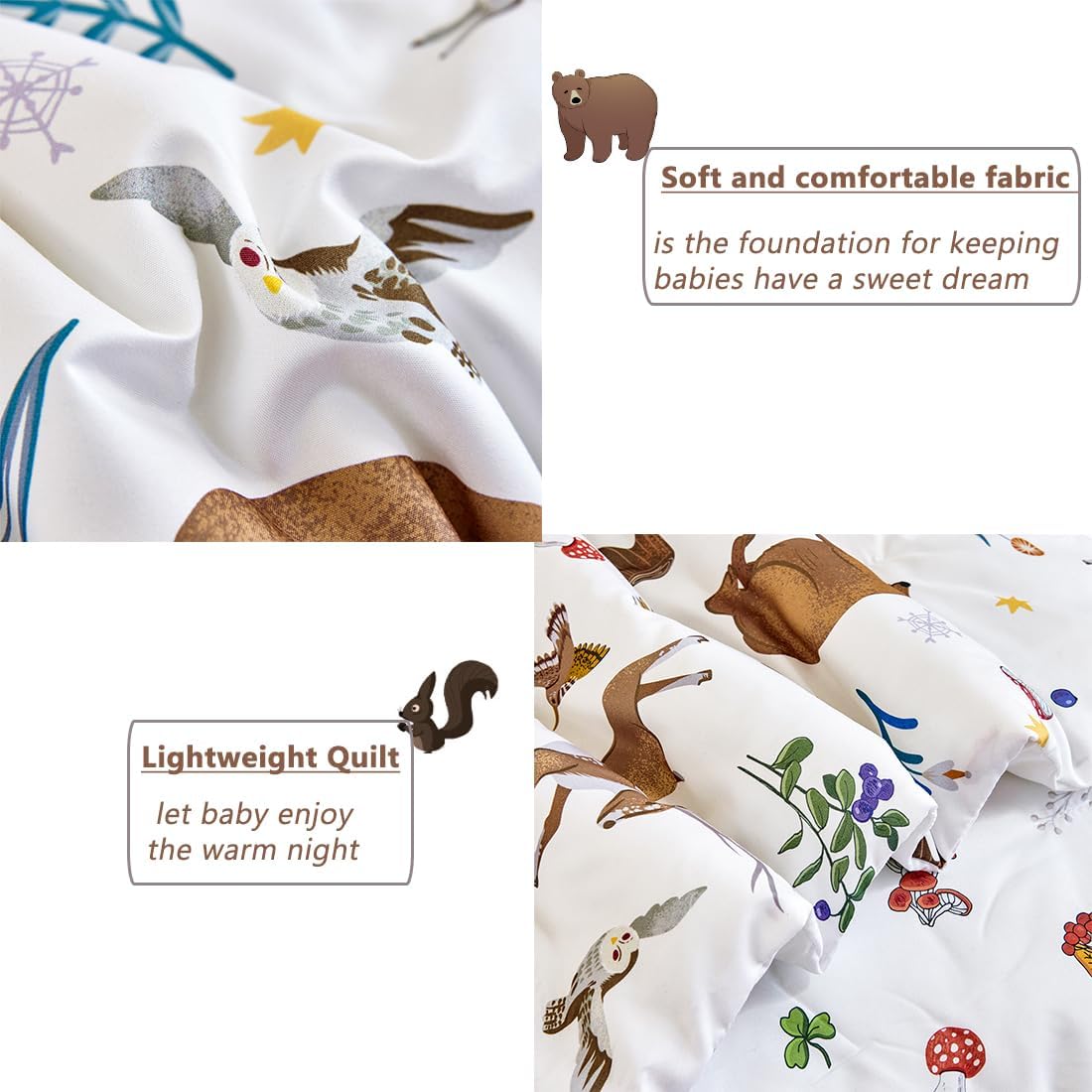 PERFEMET 4-Piece Toddler Bedding Set-Reversible Woodland Animal Toddler Bed Sets for Boys Girls-Soft Lightweight Cartoon Bear Deer Print Toddler Bed Comforter with Sheets for All Season