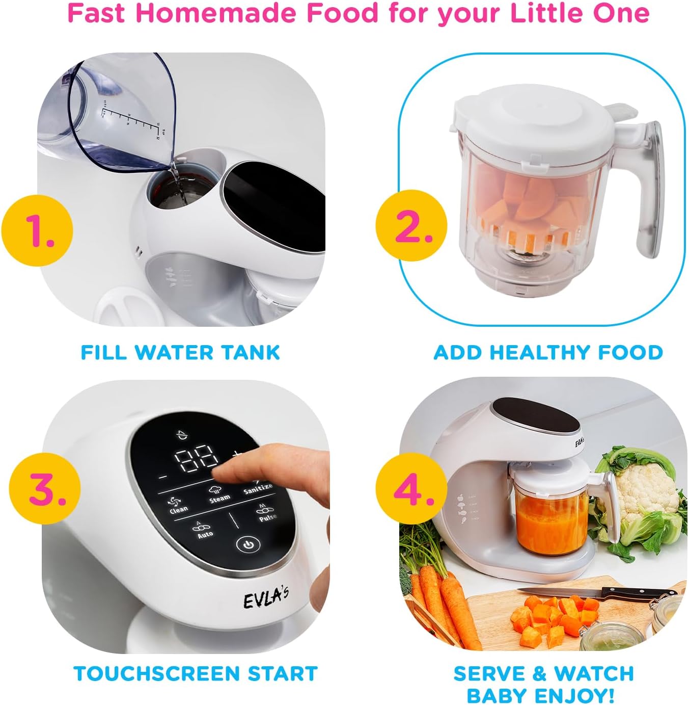 EVLA'S Baby Food Maker, Steamer, Blender, Baby Food Processor for Healthy Homemade Baby Food in Minutes, Touch Screen with 6 Reusable Food Pouches, Baby Registry Essential, White