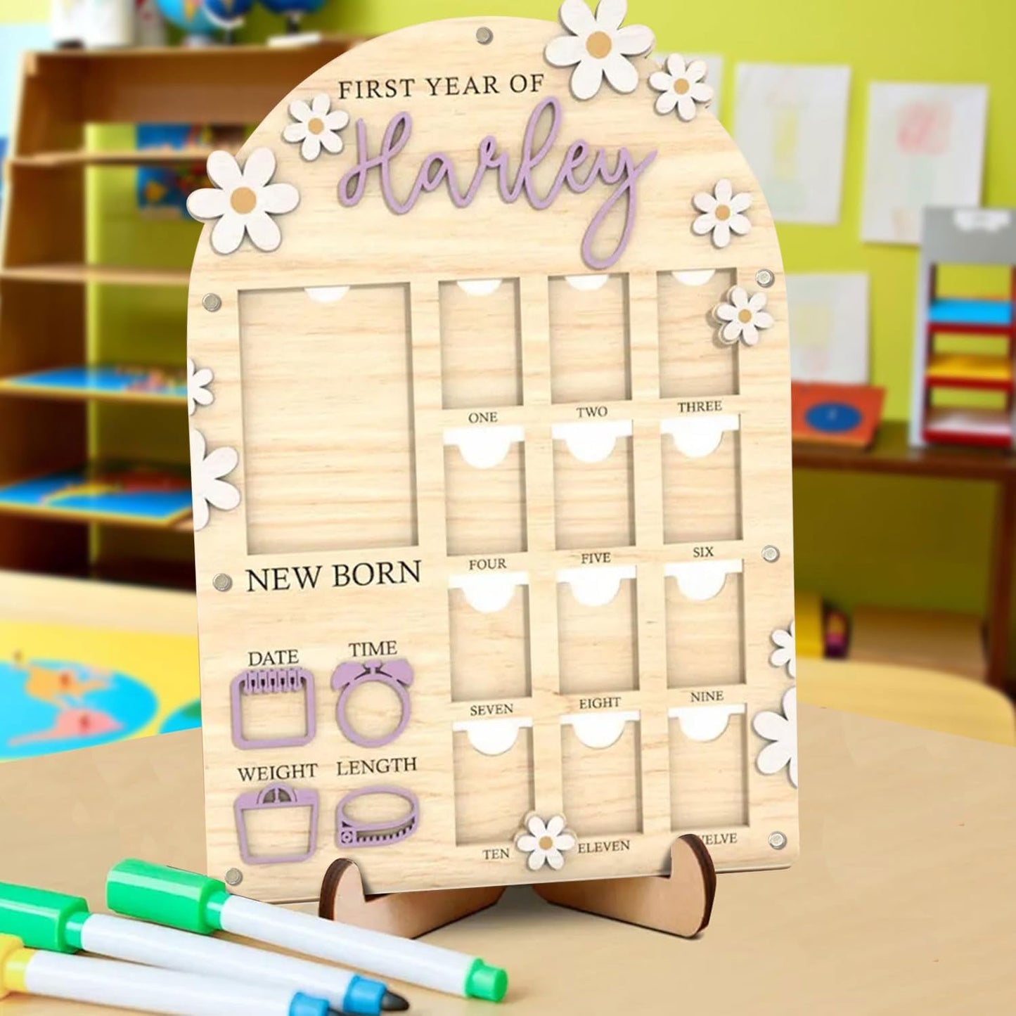 Personalized My First Year Photo Frame | 12 Months Picture Frame For Baby First Year | Displays One 4x6 Photo and Twelve 2x3 Pictures | Birthday Party Decor Newborn Memory Keepsake, Daisy Florals