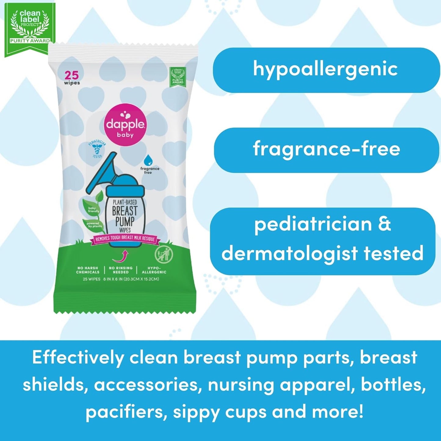 Dapple Breast Pump Wipes, Powered by Plants, Hypoallergenic, Removes Milk Residue, Fragrance Free, Convenient Wipes Pouch, 25 Count (2 Pack)