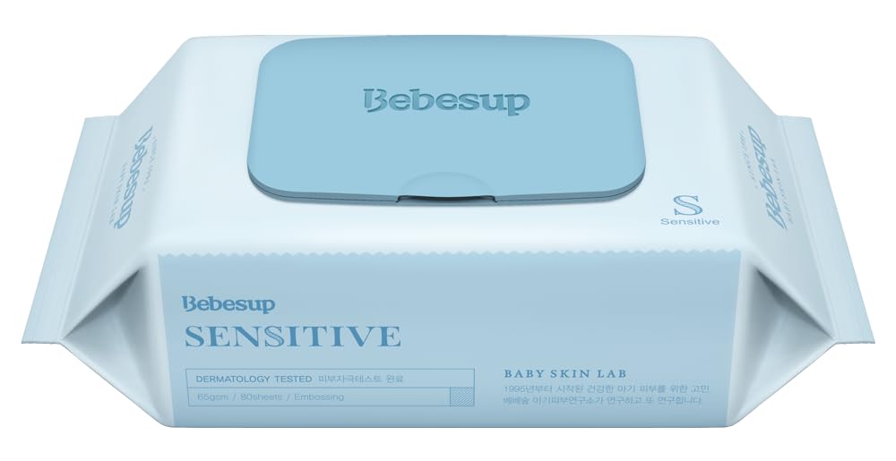 BEBESUP-Korea’s #1 Sensitive Baby Wipes -Hypoallergenic Water-based Unscented Alcohol-Free Extra-Thick Ｏrganic Superfood Extracts Plant- Based for sensitive skin Flip-Top (80 Count 1 Pack) Packs)