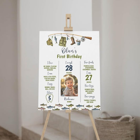 Generic Personalized Fishing Milestone Board, Big One 1St Birthday Milestone Poster, O-Fish-Ally Birthday Photo Milestone Sign, Design 016
