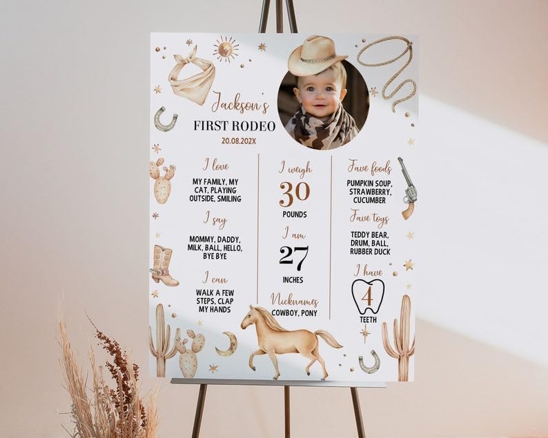 Generic Personalized First Rodeo Milestone Sign, Cowboy 1St Birthday Photo Milestone Poster, Wild West First Birthday Board, Design 015