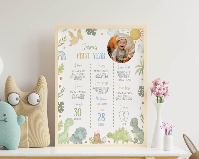Generic Dinosaur First Birthday Milestone Sign, Dinosaur 1St Birthday Photo Milestone Poster, Dino First Birthday Board, Design 02