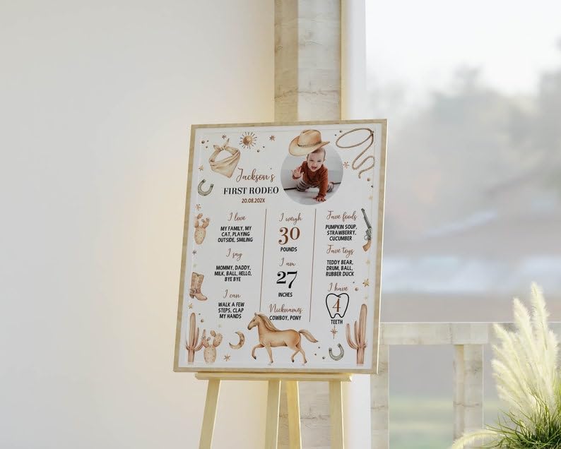 Generic Personalized First Rodeo Milestone Sign, Cowboy 1St Birthday Photo Milestone Poster, Wild West First Birthday Board, Design 015