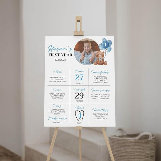 Personalized Beary First Birthday Milestone Poster, Teddy Bear Birthday Milestone Sign, Modern Bear Birthday Stats Board, Design 05