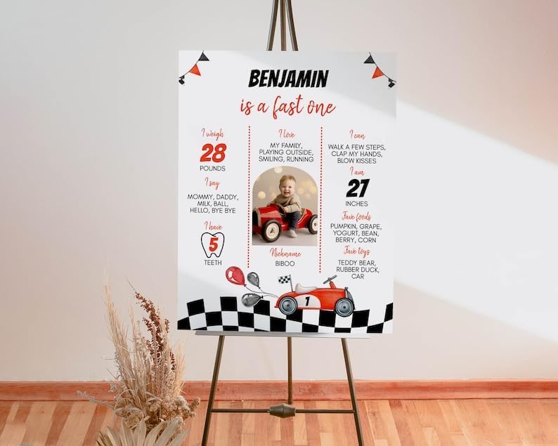 Personalized Fast One Birthday Milestone Photo Poster, Race Car 1St Birthday Milestone Sign, Racing Car Birthday Sign, Design 010