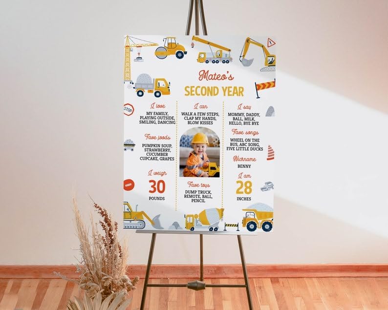 Generic Personalized Construction Birthday Milestone Sign, Boy 1St Birthday Photo Milestone Poster, Dump Truck Milestone Board, Design 09