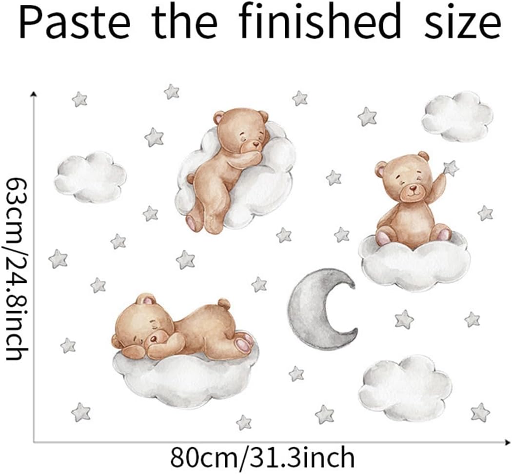 Tedy Bear Wall Decals, Cute Bear Sleeping on The Moon Cloud Stars Wall Stickers, Cartoon Tedy Bear Wall Decor for Baby Kids Baby Room Nursery Decor (Tedy-Bear)