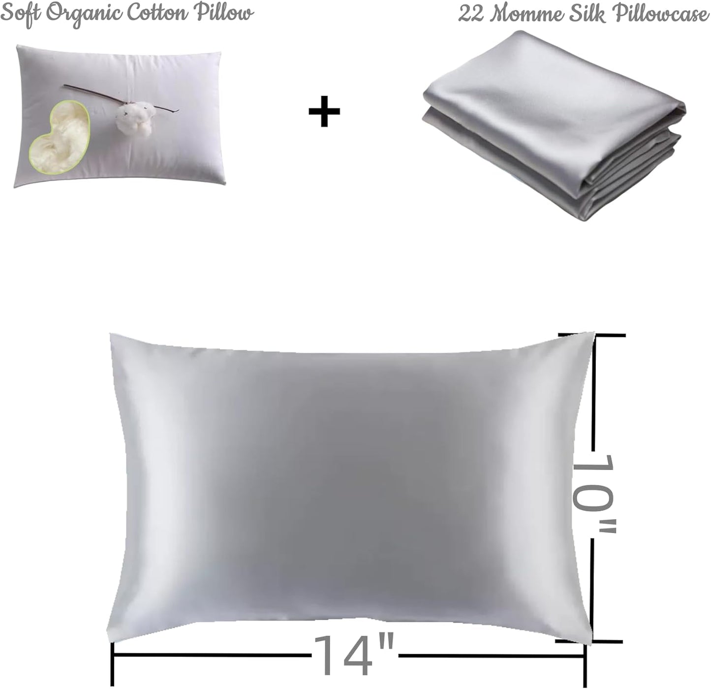 Organic Silk Baby Pillowcase with Zipper, Small 10"x13" Pillow Cover for Boys & Girls, Ideal for Bed & Travel, Soft for Kids Hair & Skin, Hypoallergenic Pillowcases for Toddlers (Grey+Pillow)