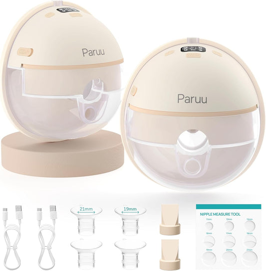 Paruu Hands Free Breast Pump P16, Wearable Breast Pump Electirc Portable with 4 Modes & 12 Levels, Max 309mmHg Strong Suction 19/21/24mm Flange Inserts Wearable Breastfeeding Pump, 2 Pack（Nude
