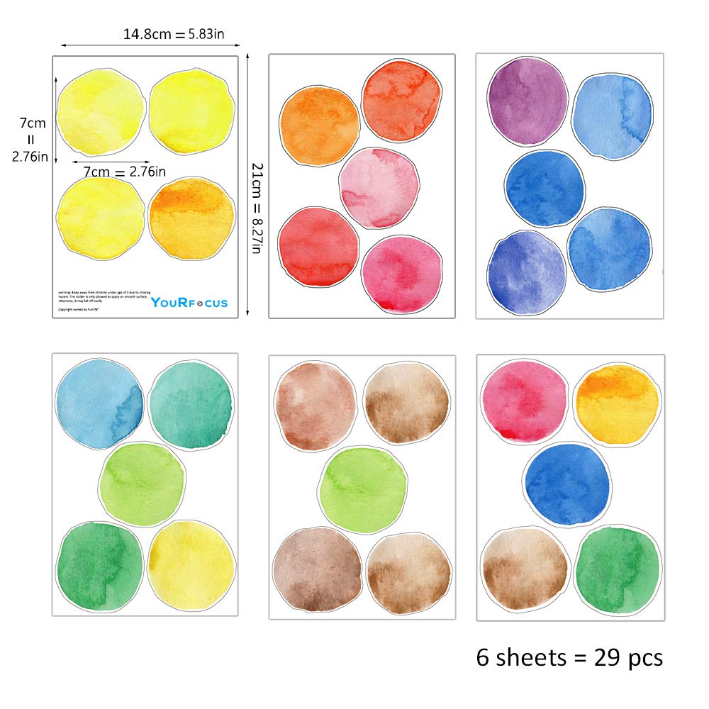 Colorful Polka Dot Wall Decals Watercolor Dots Wall Sticker for Kids Baby Girls Teens and Nursery Room (6 Sheets)