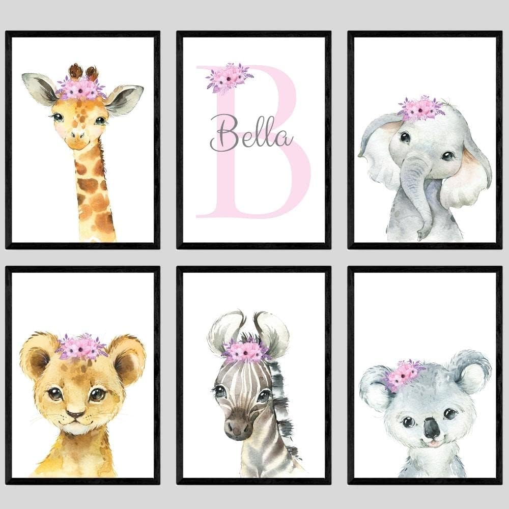 Personalized Safari Animals for Baby Girls Nursery, Set of 6 Unframed Poster Prints, Personalized Name Pink Lilac Floral, Girls Bedroom Decor, Elephant Giraffe (9x12)