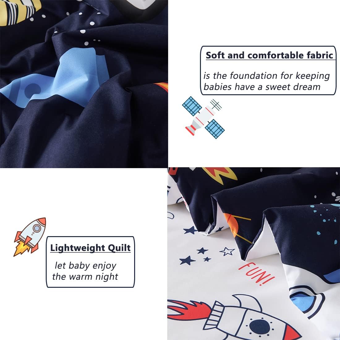 PERFEMET Twin Comforter Set 4 Piece Kids Space Rockets Comforter Bed in A Bag Soft Reversible Dark Blue Outer Space Themed Bed Set(Dark Blue, Planet/Rocket)