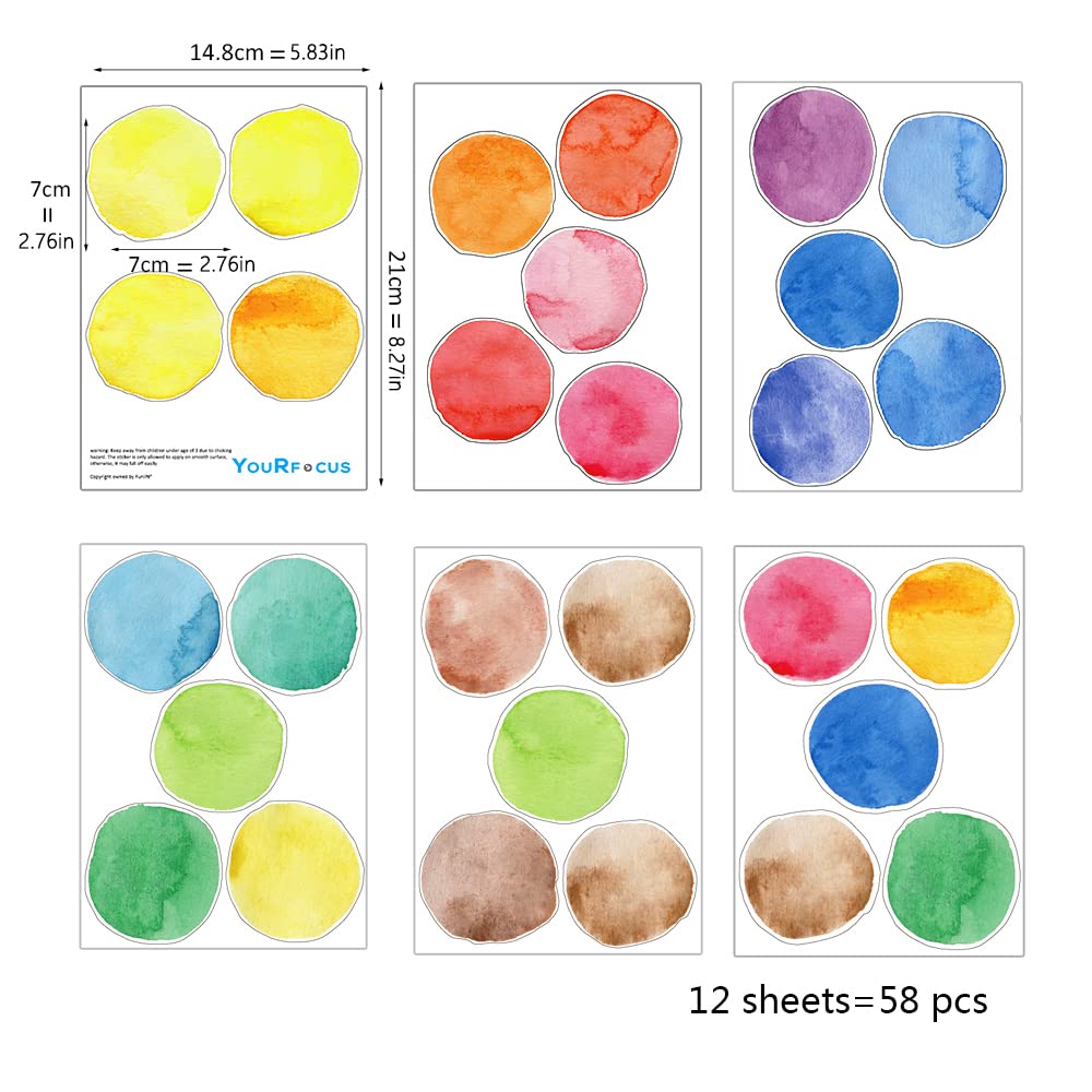 Colorful Polka Dot Wall Decals Watercolor Dots Wall Sticker for Kids Baby Girls Teens and Nursery Room (12 Sheets)