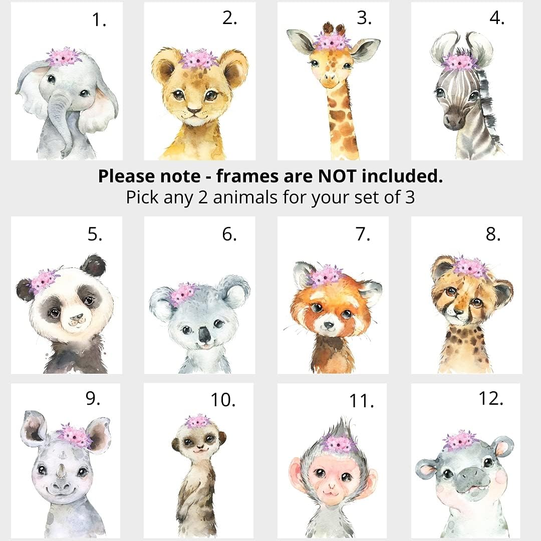 Personalized Safari Animals for Baby Girls Nursery, Set of 3 Unframed Poster Prints, Personalized Name Pink Lilac Floral, Girls Bedroom Decor, Elephant Giraffe (8x10)