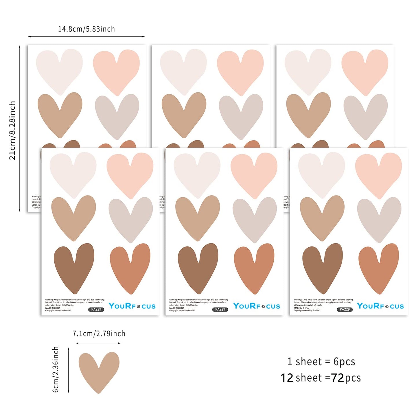 Boho Wall Decal for Girls Bedroom 72 PCS, Boho Heart Wall Stickers Peel and Stick for Nursery Kids Room Décor, Removable Wall Decals Vinyl Murals DIY Cute Decorations (12 Sheets)