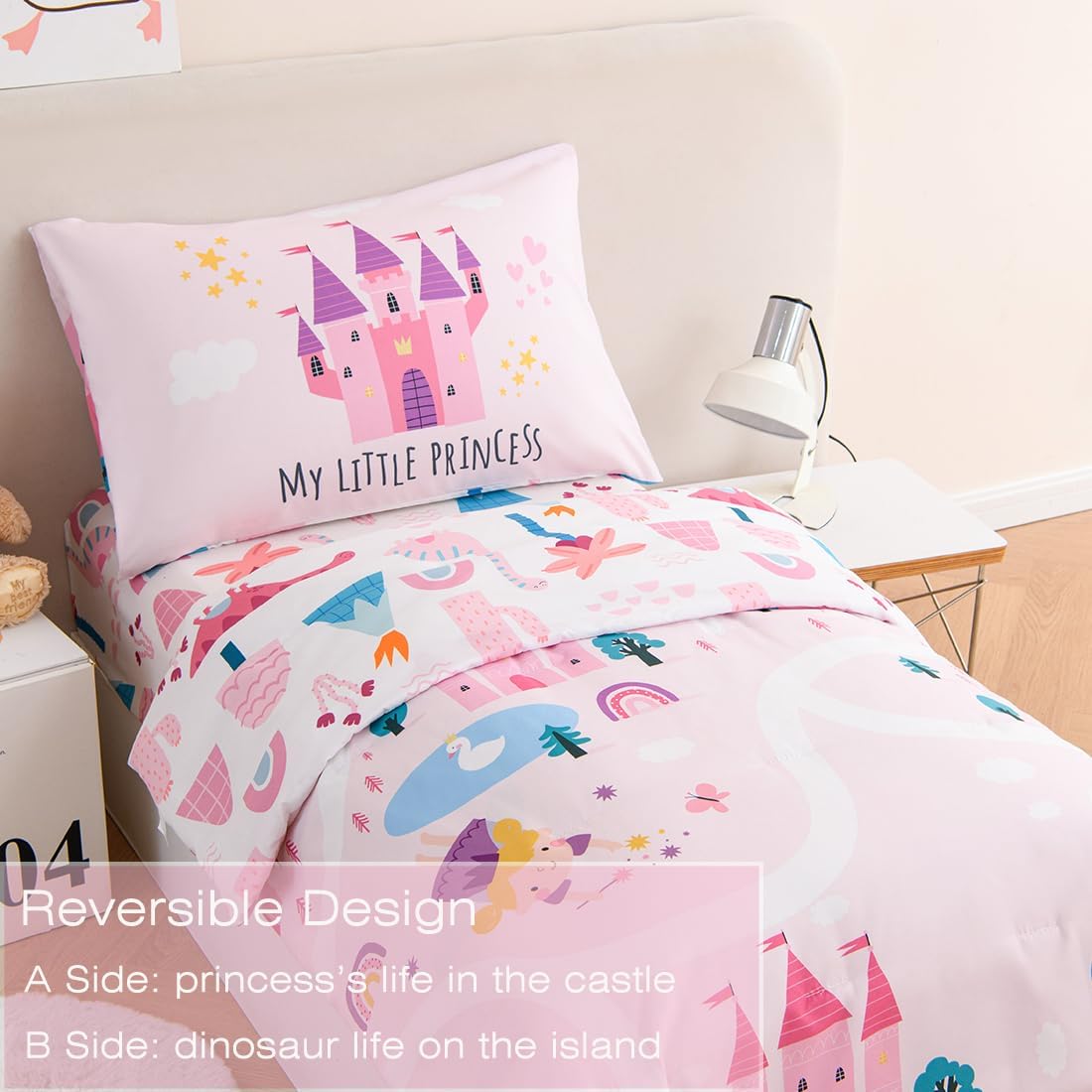 PERFEMET 4 Pcs Twin Bedding Set for Girls Pink Castle Kids Bed in A Bag Comforter Set Ultra Soft Reversible Fairy Tales Themed Bedding Comforter with Sheet Set for All Seasons(Pink, Castle)