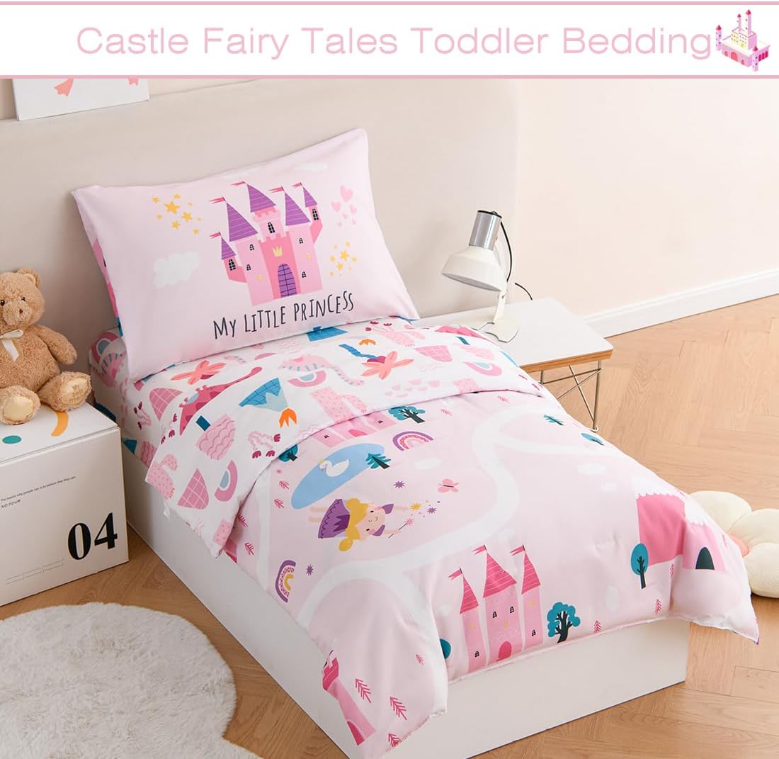 PERFEMET 4 Pcs Twin Bedding Set for Girls Pink Castle Kids Bed in A Bag Comforter Set Ultra Soft Reversible Fairy Tales Themed Bedding Comforter with Sheet Set for All Seasons(Pink, Castle)