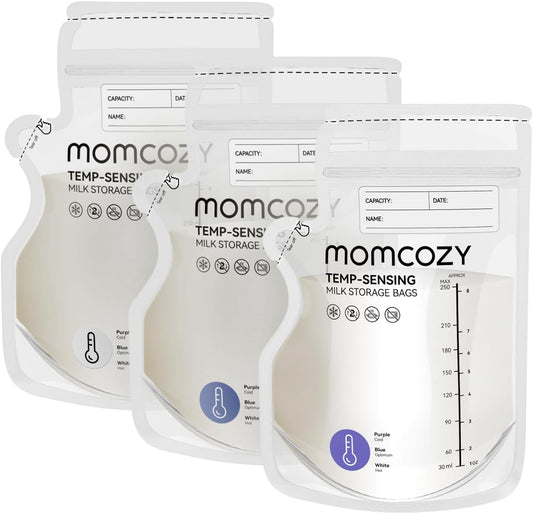 Momcozy Easy Pour Breastmilk Storage Bag, 8Oz, Temp-Sensing Color Change, 60 Count Milk Bag with Self Standing for Breastfeeding, No Leak Presterilized for Freezer, Recyclable & BPA Free