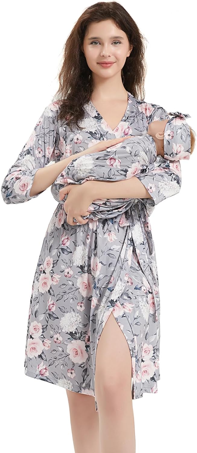 Galabloomer Maternity Robe and Baby Receiving Blanket, Matching Mommy Labor Delivery Robe and Swaddle Set (s, gray pink)