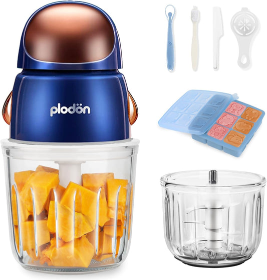 Baby Food Maker Mini Cute and Small Food Processor Puree Blender Grinder Chopper with 2 Glass Bowls(0.6L+0.3L) 8 Blades Electric (Without Battery) -2 Bowls
