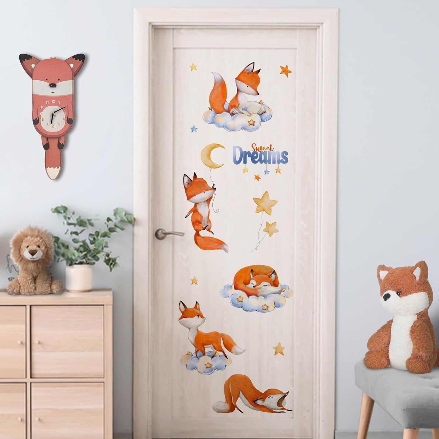 Yovkky Sweet Dream Sleeping Fox Wall Decals Stickers, Cloud Moon Stars Neutral Toddler Baby Nursery Decor, Cute Home Decorations Kids Bedroom Playroom Art