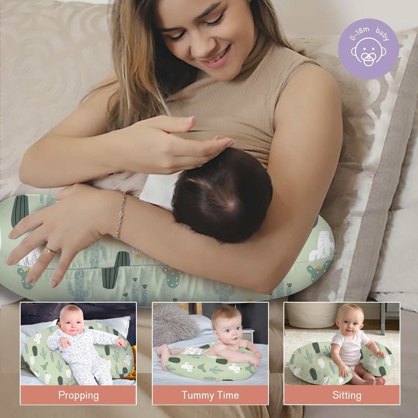 Little Grape Land Nursing Pillow for Infants, Breastfeeding Pillows, Baby Support Pillow for Nursing, Bottle Feeding, Tummy Time with Machine Washable Cover & Breathable Filling (Blossom Cactus)