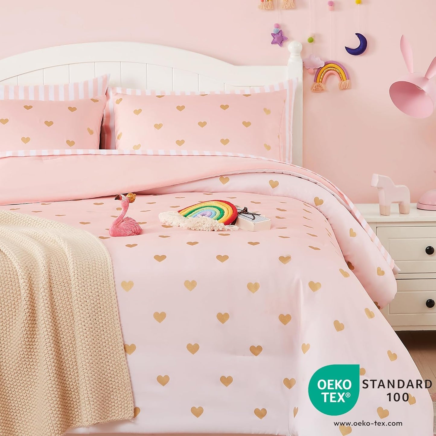 Twin Comforter Set with Sheets for Girls-5 Pieces Twin Bedding Sets with Pink Comforter, Sheets, Pillowcase & Sham for Kids (Pink Gold Heart, 66" X 86")