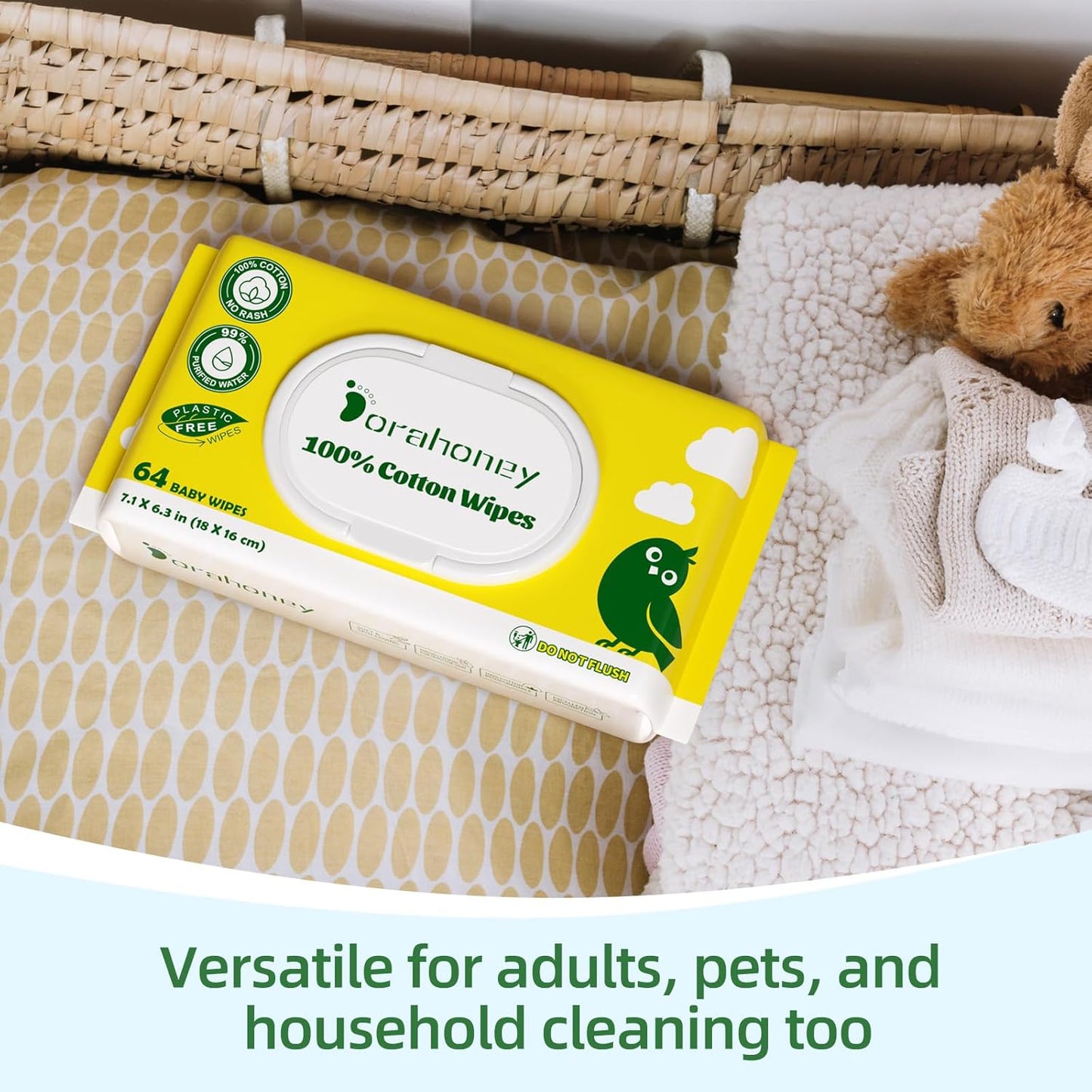 100% USA Cotton Baby Wipes for Sensitive Skin, 99% Purified Water Unscented Wet Wipes, Hypoallergenic & Plastic-Free, 1024 Count (16 Flip-Top Packs of 64)