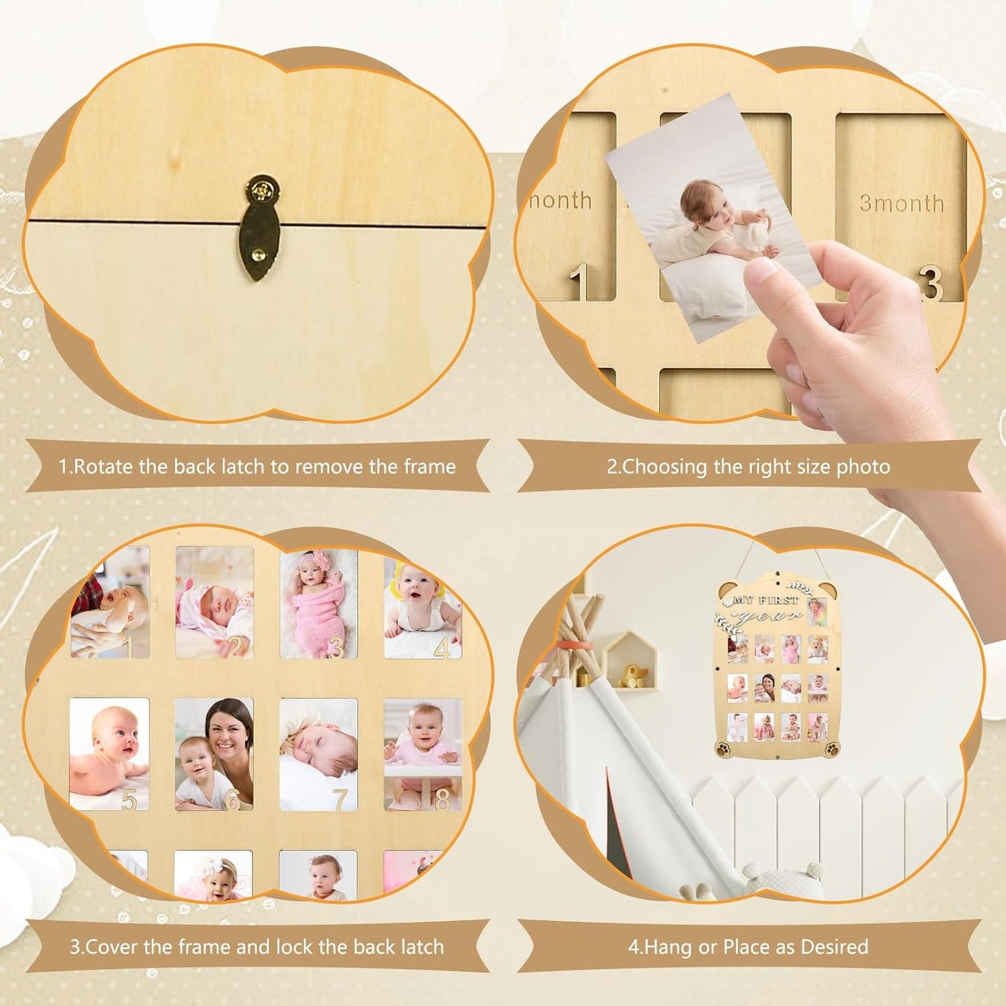 My First Year Picture Frame,One Year Of Photo Board, Baby's First Twelve Months Photo Collage and Gender Neutral Keepsake, Ideal for Baby Shower,New Mom Keepsake Gift and Nursery Decor - With Stand (Cat sign)