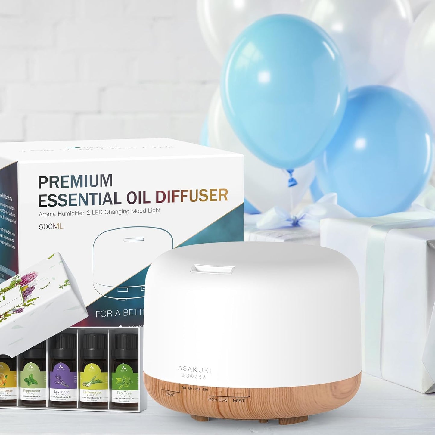 ASAKUKI Oil Diffuser with Essential Oils Set, 500ml Aromatherapy Humidifier with 14 LED Colors & Auto Shut-Off - 6 Oil Gift Pack(Lavender Eucalyptus Tea Tree Orange Peppermint Lemongrass)