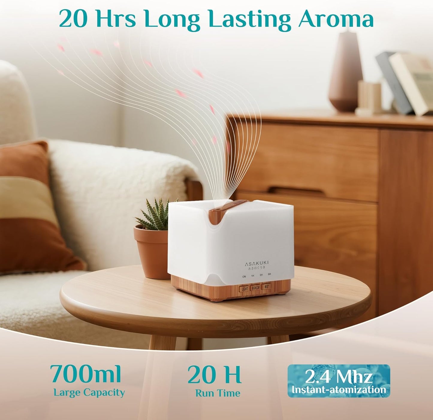 ASAKUKI Essential Oil Diffuser 700ml, Ultrasonic Aromatherapy Humidifier with Top 6 Essential Oils Set, 7 LED Colors, Timer & Auto-Off, Large Room Diffuser