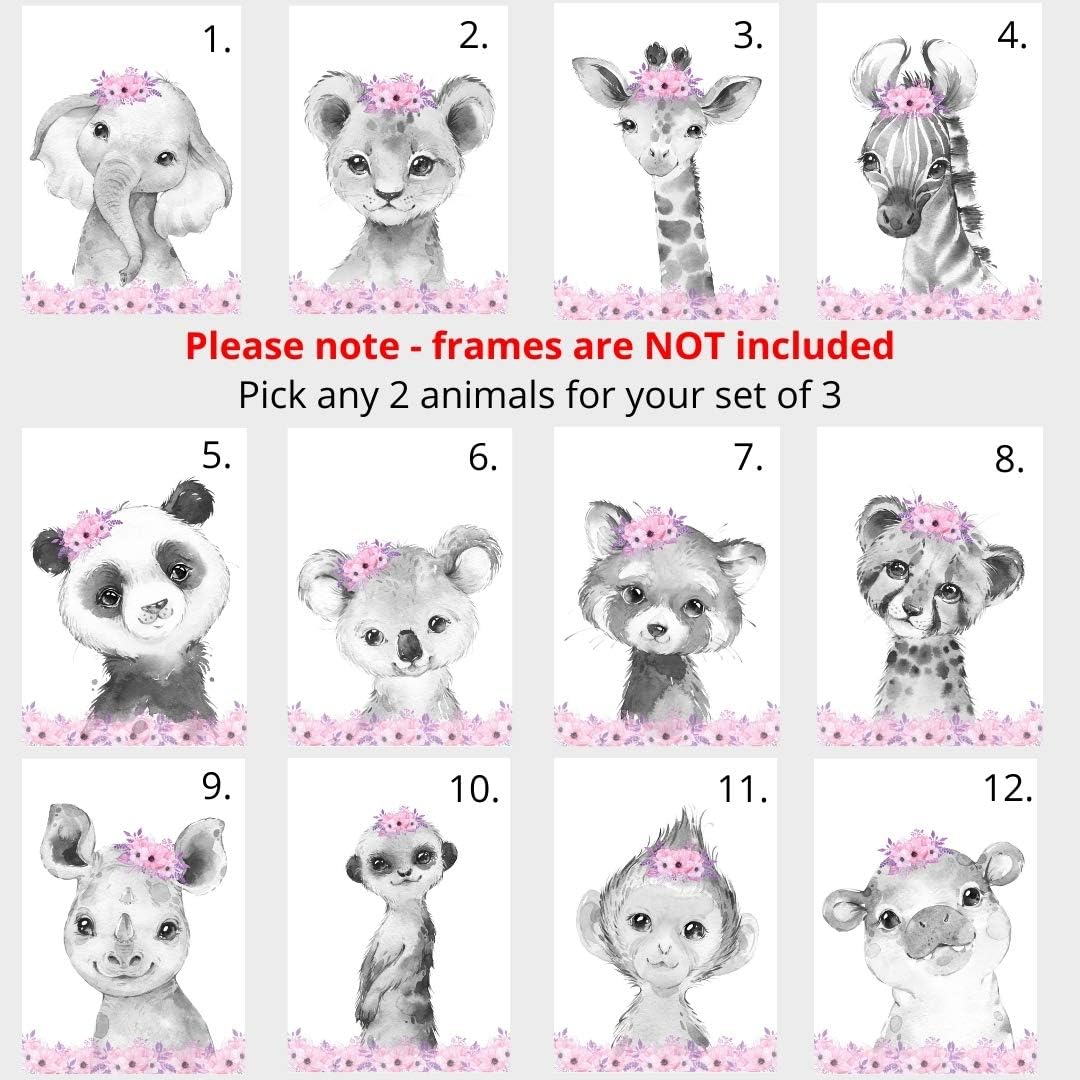 Safari Animals Girls Nursery Bedroom Unframed Set of 3 Poster Prints, Personalized Name Pink or Purple Flowers Wall Art Decor New Baby Gift Present, Elephant Giraffe Panda Zebra Lion (9x12)