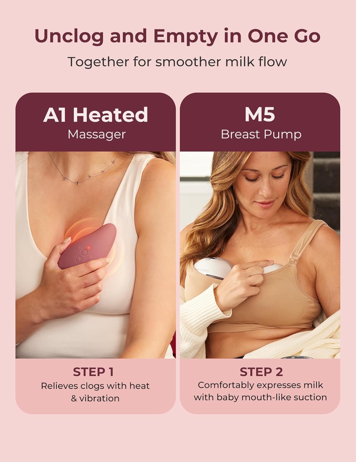 Momcozy M5 Breast Pump & A1 Lactation Massager Combo -Wearable Breast Pump with Double-Sealed Flange (3 Modes/9 Levels) + 2-in-1 Lactation Massager (Heat & Vibration) for Clogged Ducts & Milk Flow