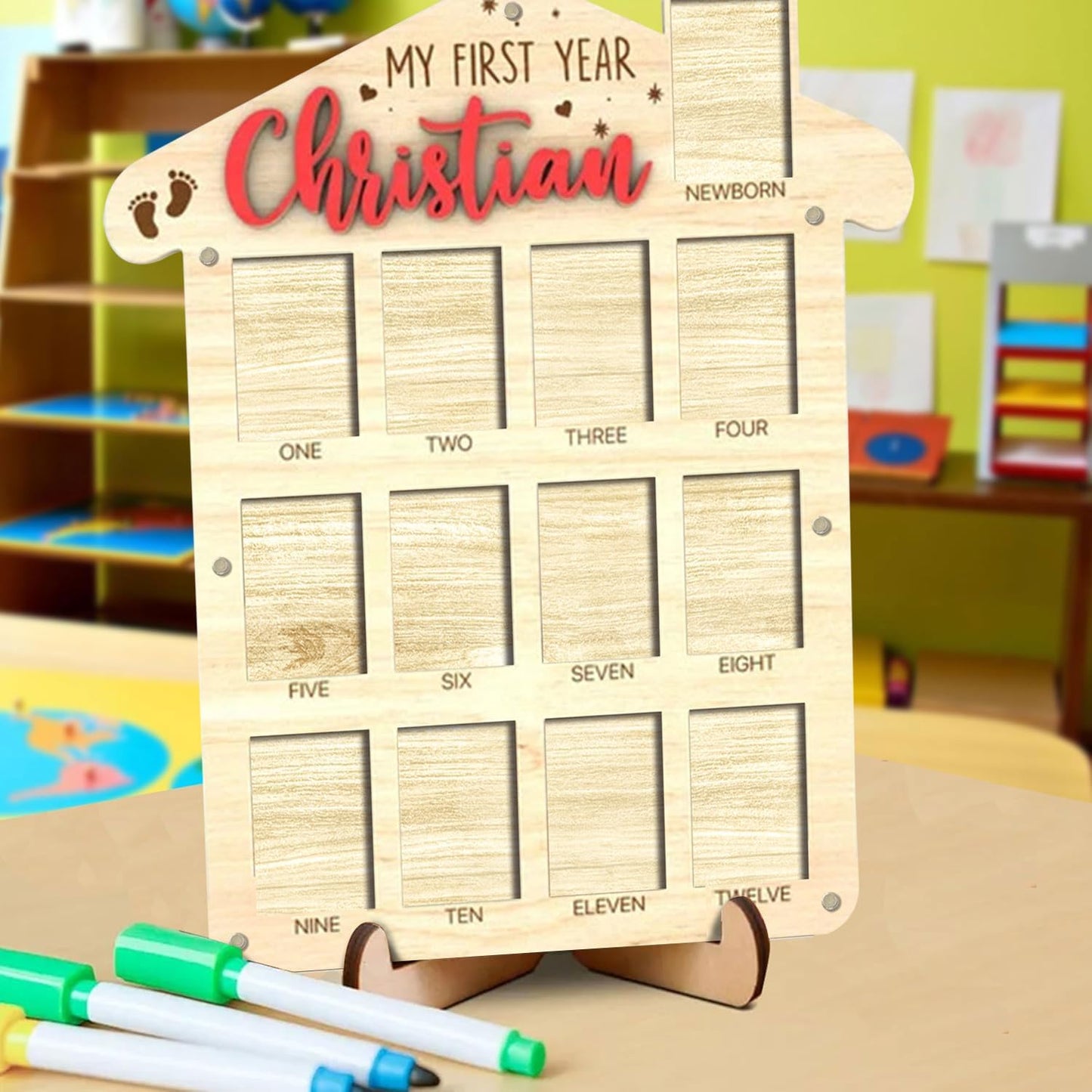 V-DECORPARKS Personalized My First Year Photo Frame | 12 Months Picture Frame For Baby First Year | Displays Thirteen 2x3 Pictures | Birthday Party Decor Newborn Memory Keepsake, House Shaped