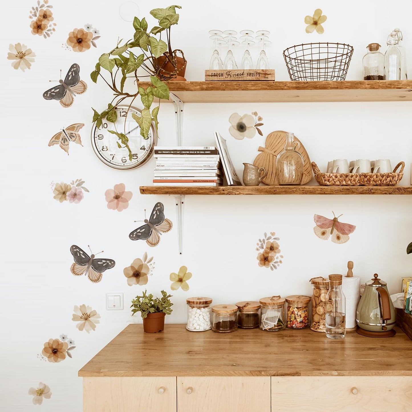 YouRfocus Butterfly and Flower Wall Decals – 72 Decals, Removable Floral Wall Stickers for Bedroom, Nursery, Girls Room, Boho Nature Decor, Reusable Home Decoration (12 Sheets)