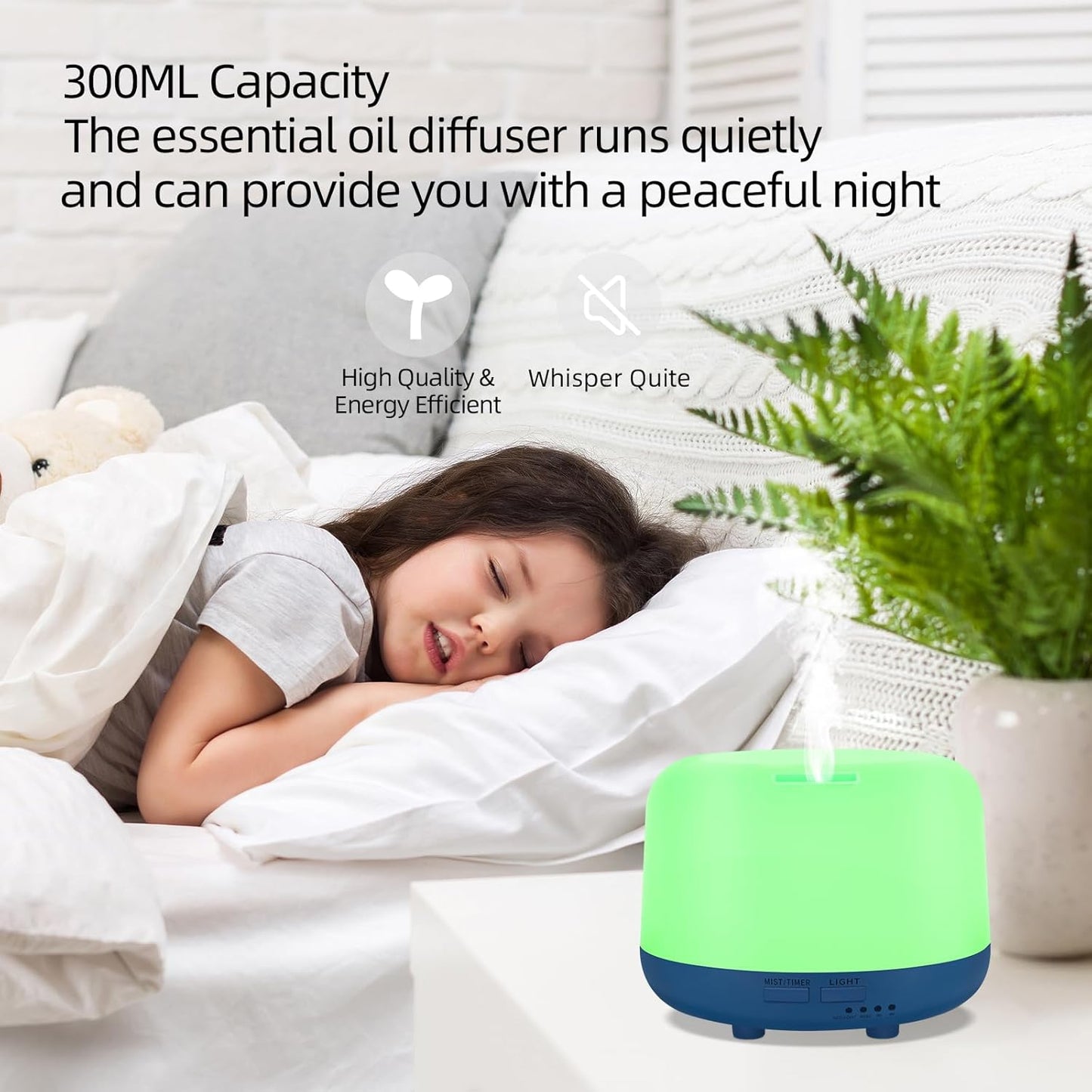 300ML Aromatherapy Ultrasonic Diffuser, Aroma Diffuser, Air Diffuser for Essential Oils, Oil Defuser with Remote, 7 Color Changing LED Light,Auto-Off,Timer for Home,Bedroom Office,Kids.