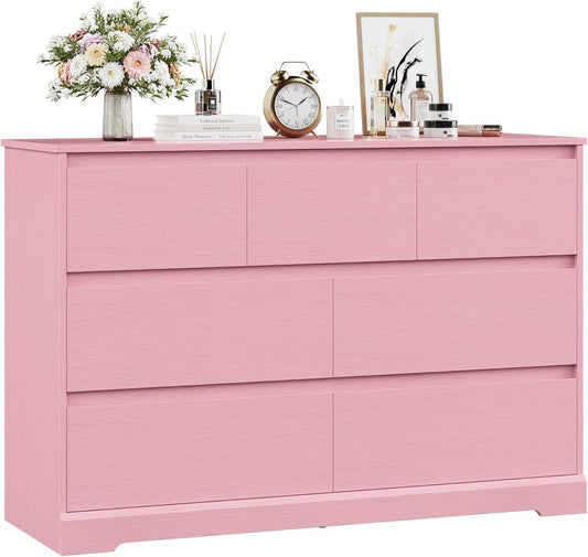 Dresser for Bedroom, Modern Pink Dresser, Wood Chest of Drawers Nursery Dressers, with Storage, 7 Drawer Double with Handle Free, Large Storage Organizer for Living Room,Pink