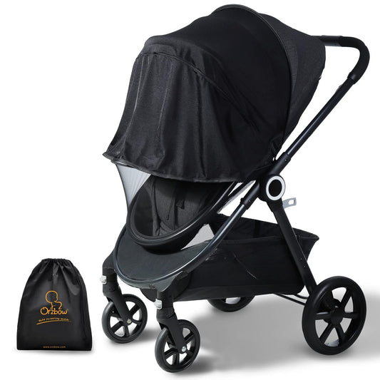 Orzbow 2-in-1 Baby Mosquito Net with UPF50+ Sunshade for Stroller, Breathable Stroller Mosquito Netting Privacy Cover with Two-Way Zipper & Storage Bag for Bassinet, Carrycot & Car Seat, Black