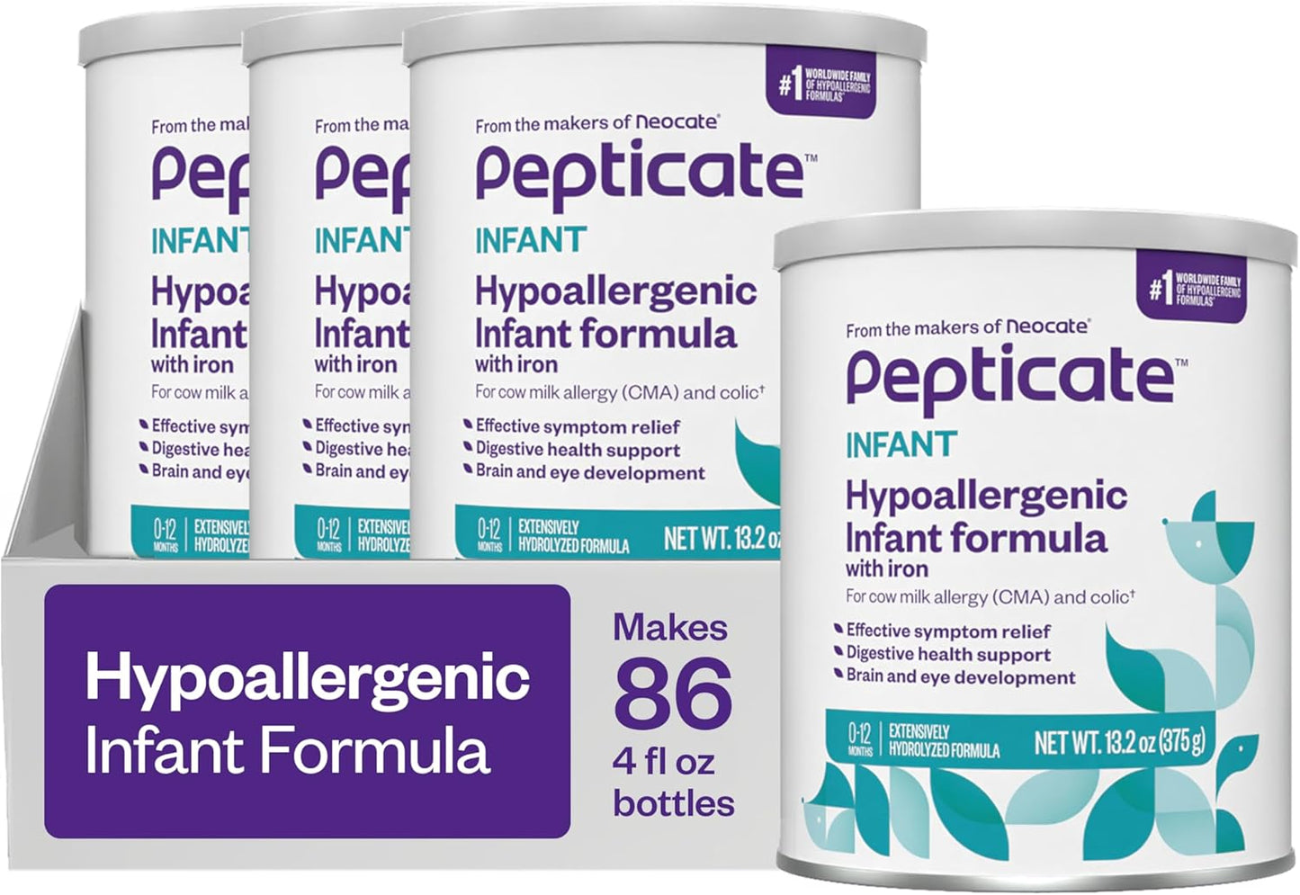 Pepticate Baby Formula, Hypoallergenic Powdered Infant Formula for Cow Milk Allergy, with Omega 3 DHA, ARA, Iron & Prebiotics, 13.2oz (Pack of 4)