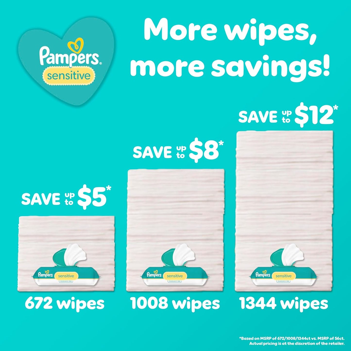 Pampers Baby Wipes, Sensitive, Water Based Wipe, Clinically Proven, Hypoallergenic, and Unscented for Babies, 1008 Wipes Total (12 Flip-Top Packs) [Packaging May Vary]