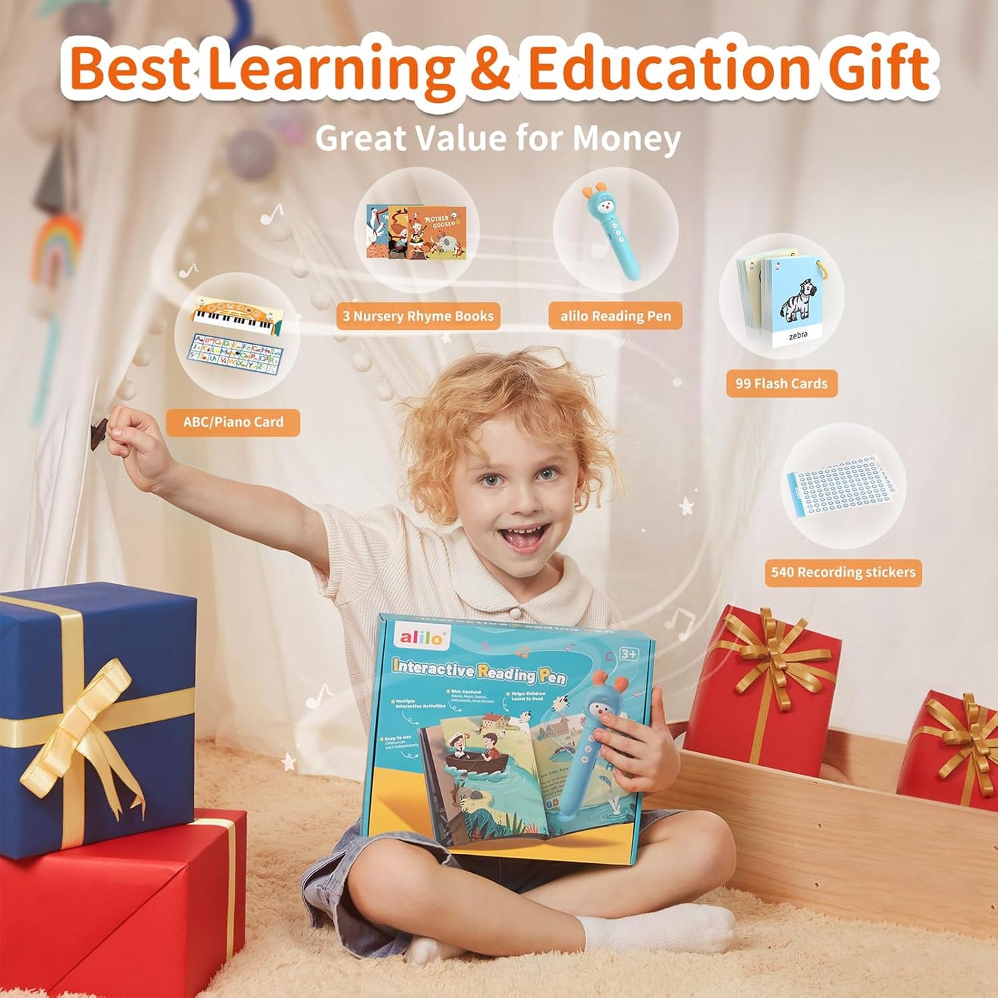 alilo Talking Pen Books Sets for Toddlers 2-6, Kids Learning Electronic Toys, Early Educational Gifts for Boys Girls, with 3 Interactive Audio Sound Books, 100 Talking Flash Cards, Alphabet