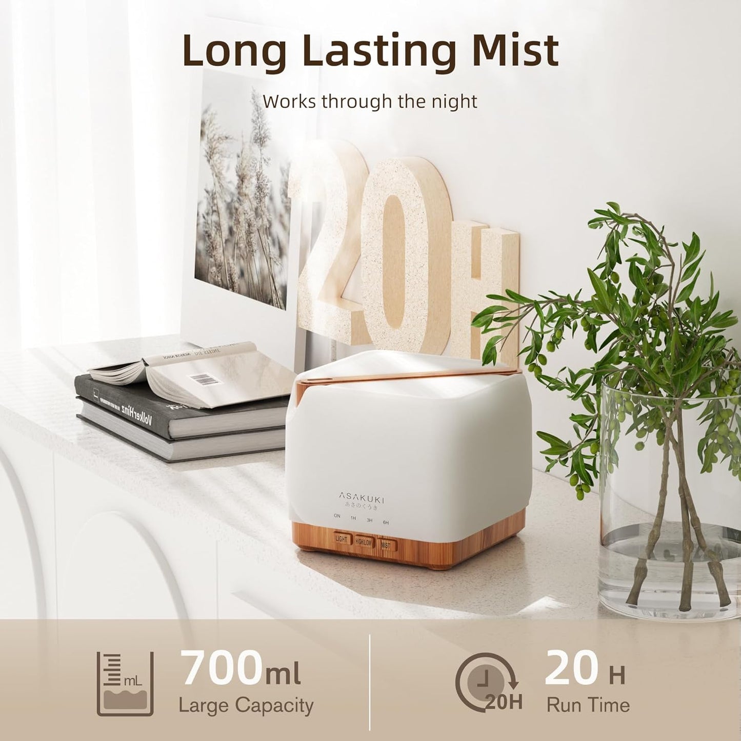 ASAKUKI 700 ml Premium Essential Oil Diffuser, 5 in 1 Ultrasonic Aromatherapy Fragrant Oil Vaporizer Humidifier, Timer and Auto-Off Safety Switch, 7 LED Light Colors