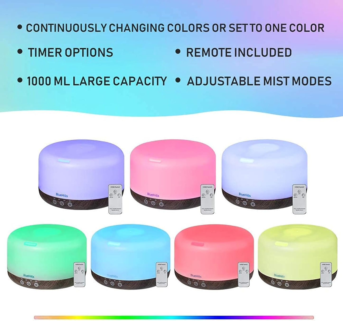 BlueHills Premium 1000 ML Large Essential Oil Diffuser Humidifier for Room Home Aromatherapy Big Capacity Oil Diffuser with Décor LED Lights Long Running Round Diffuser Dark Wood Grain – D002