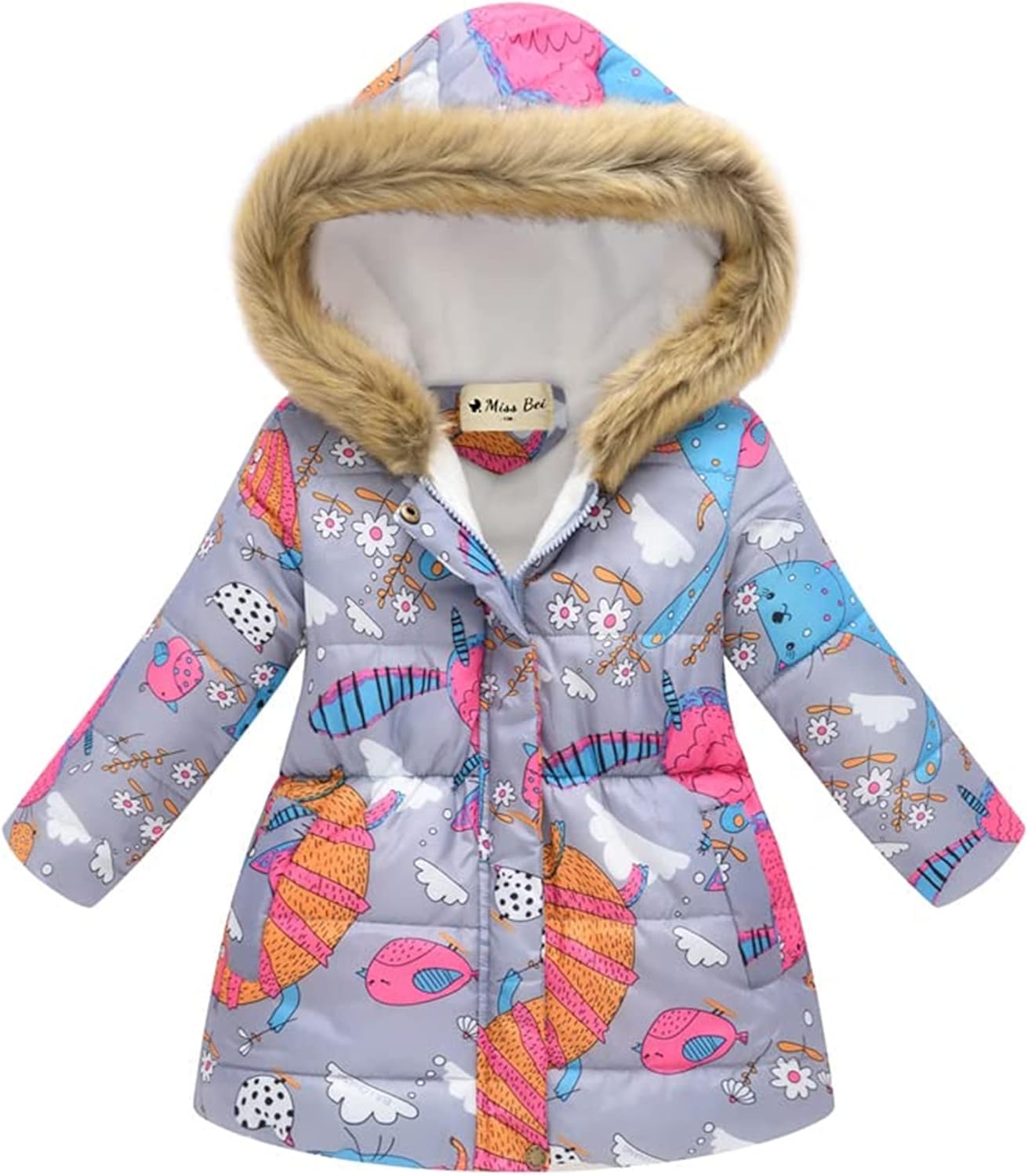 Miss Bei Girl's Winter Coat Jacket Hooded Kids Toddler Flower Print Parka Outwear Warm Cotton Puffer Hooded Jacket