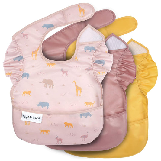 Tiny Twinkle Mess Proof Baby Bibs for Eating - Waterproof, Wipeable Bibs - Toddler Bibs - Travel Friendly - PFAS, PVC, BPA, Phthalate Free - Baby Food Bibs(3 Pack,Petite Safari)