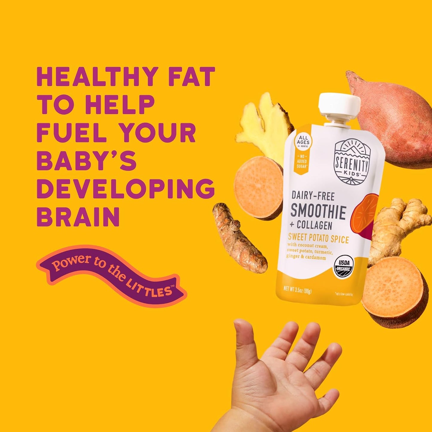 Serenity Kids 6+ Months Dairy-Free Smoothie Baby Food Pouches - USDA Organic, Grass Fed Collagen Protein - 3.5 Oz BPA-Free - Sweet Potato Spice - 6 Count - Smoothie Pouches