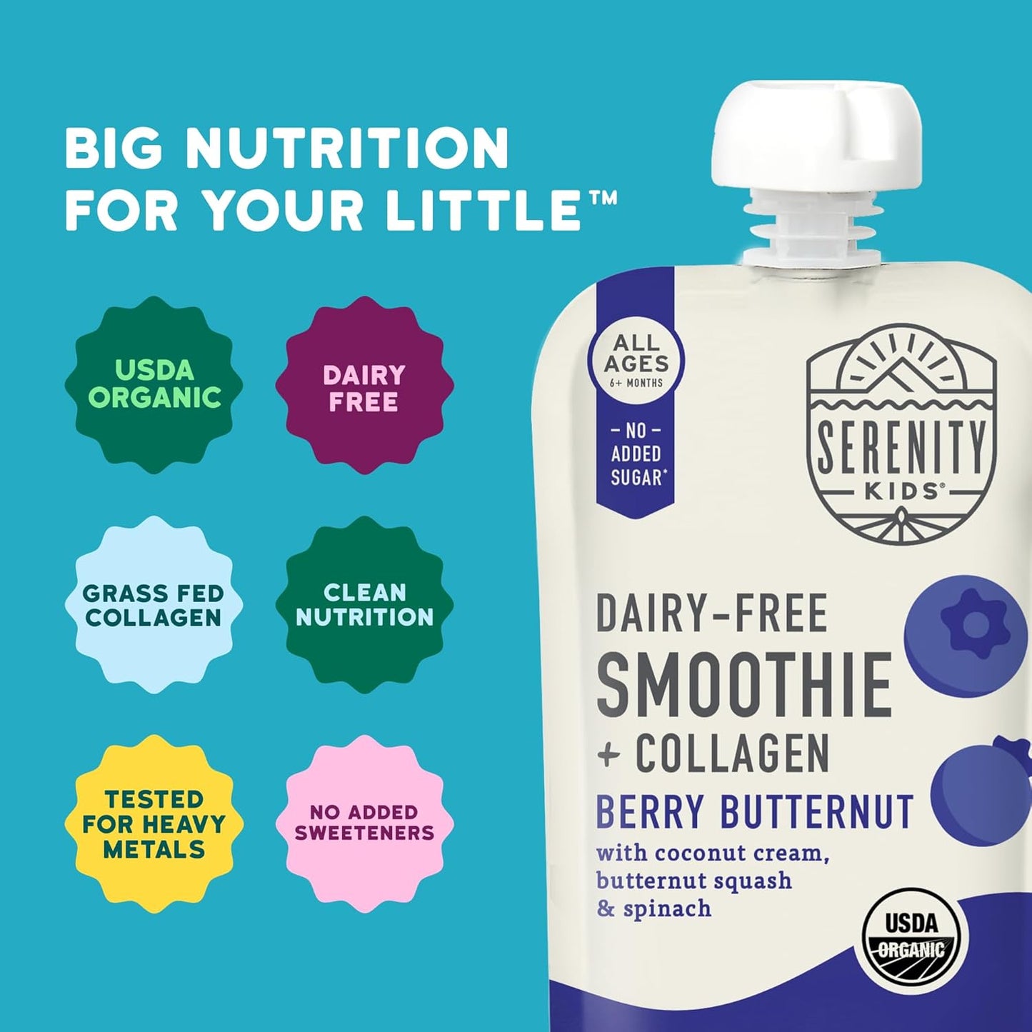 Serenity Kids 6+ Months Dairy-Free Smoothie Baby Food | USDA Organic | Grass Fed Collagen Protein | 3.5 Ounce BPA-Free Pouch | Berry Butternut | 12 Count